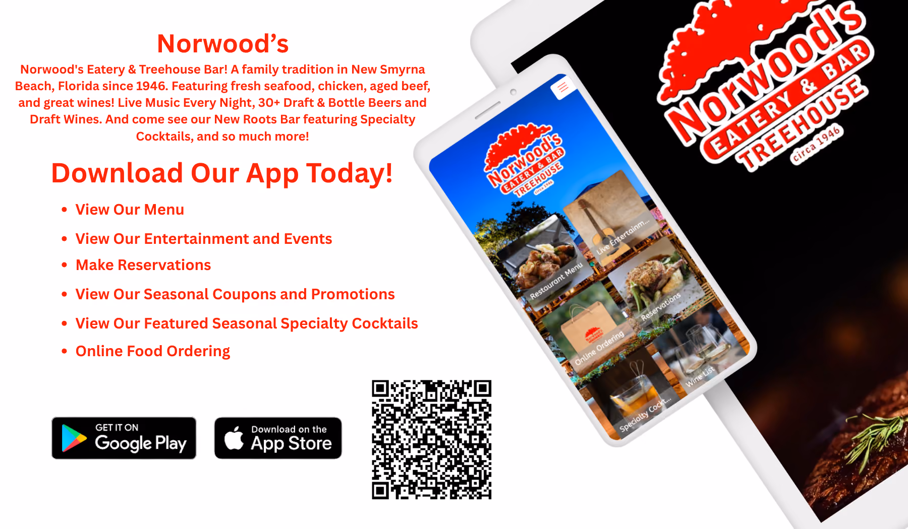 Norwood's app promo with features like menu, events, reservations, coupons, specialty cocktails, and online food ordering.
