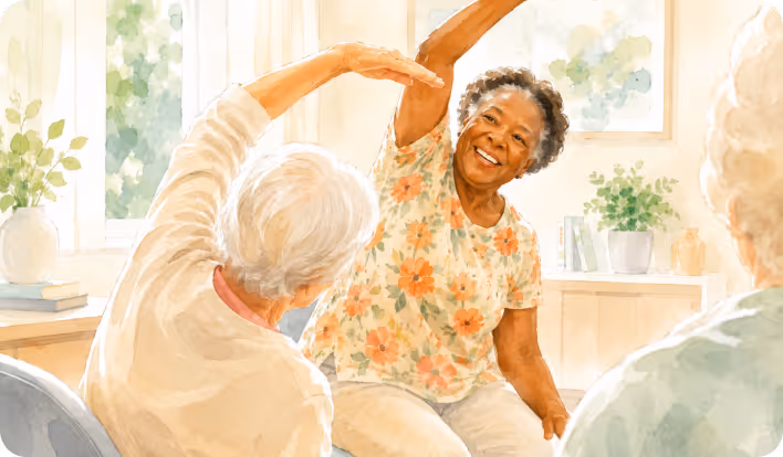 Three elderly women doing chair exercises together in a bright, cozy room with plants and books.
