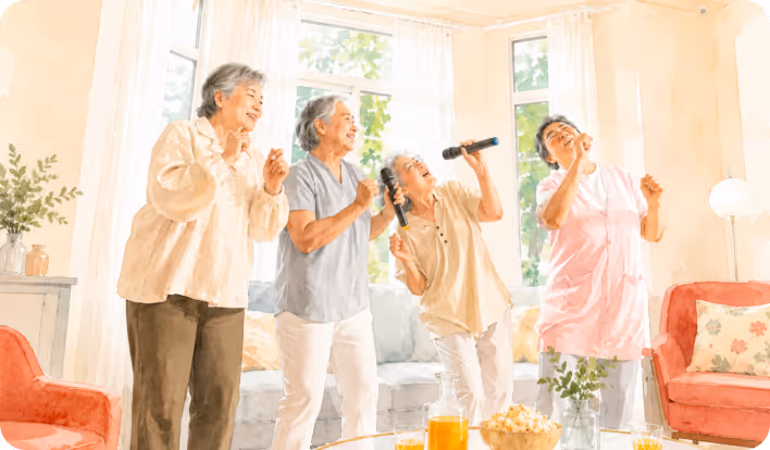 Four elderly women joyfully singing with microphones in a bright living room with cozy decor.