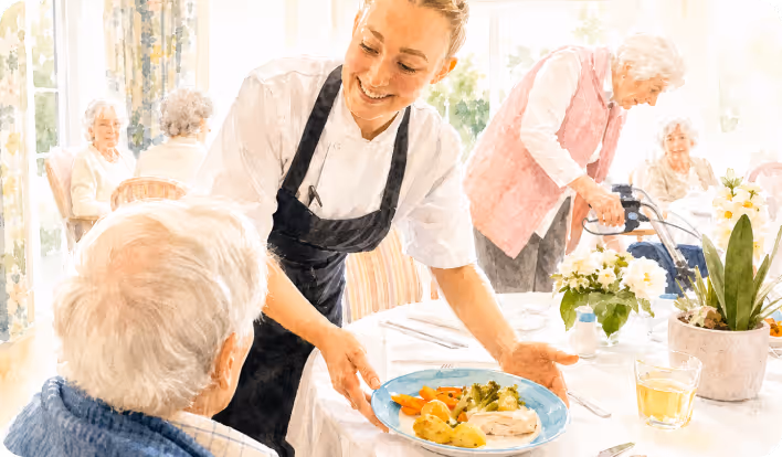 Care worker serving a meal to an elderly person in a bright, communal dining area.