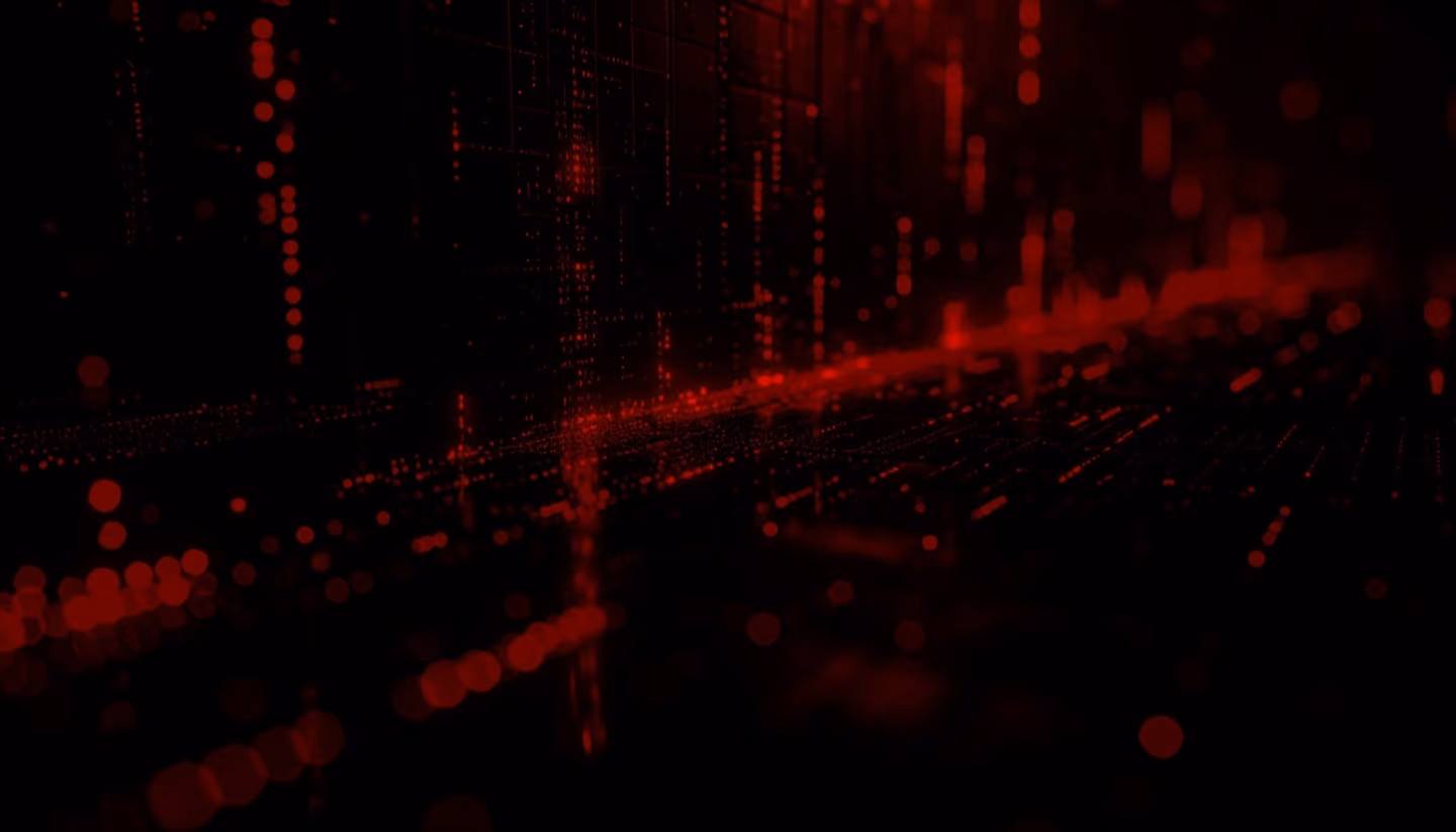Abstract red digital data field of glowing dots and grid lines on a black background