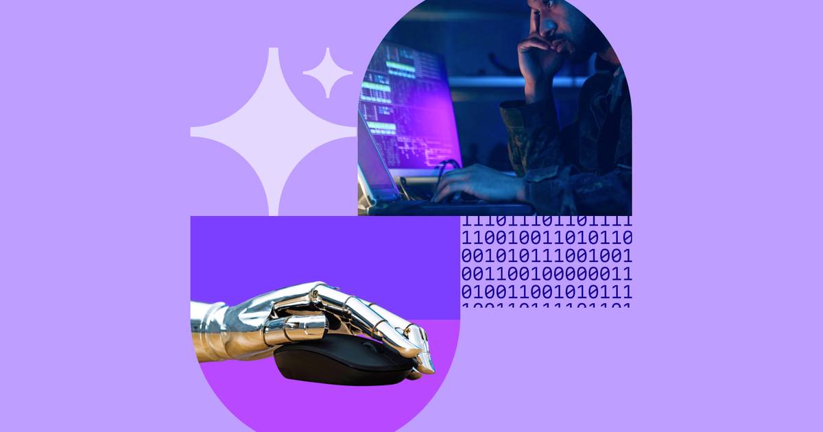 Illustration of a robotic hand on a computer mouse alongside a person working at a monitor, representing AI orchestration