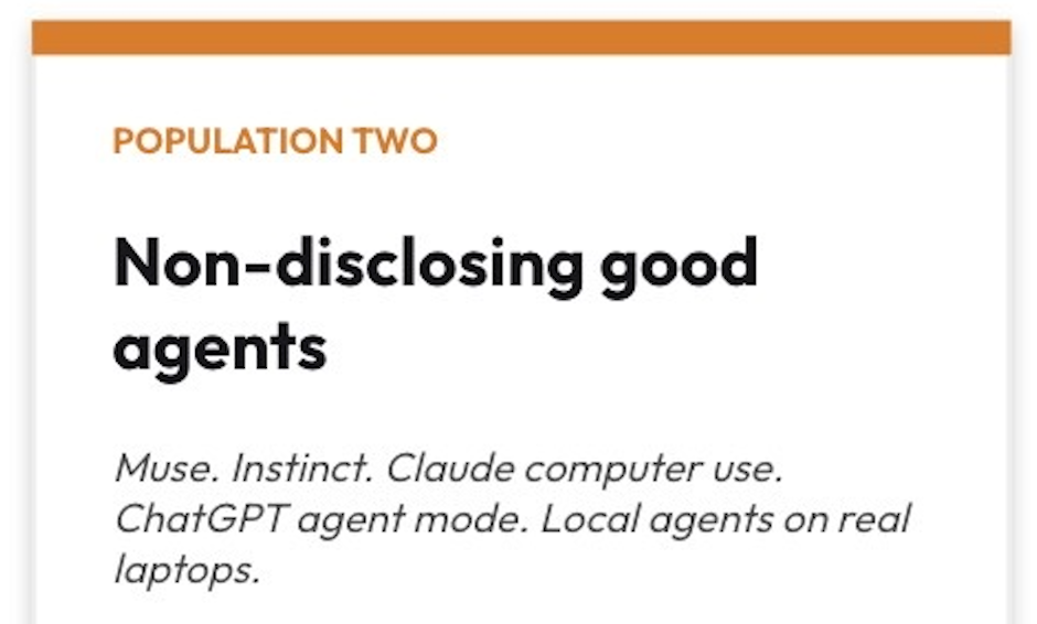 Population Two: non-disclosing good agents, including Muse, Instinct and other agents acting for real users