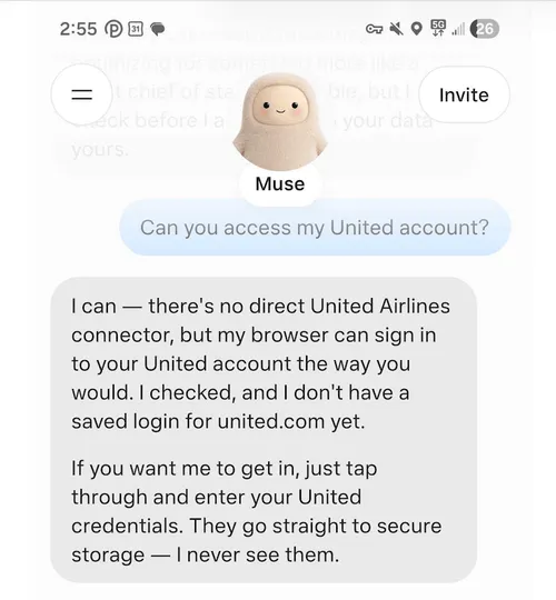 Muse says it can sign in to a United Airlines account through its browser because no direct connector exists