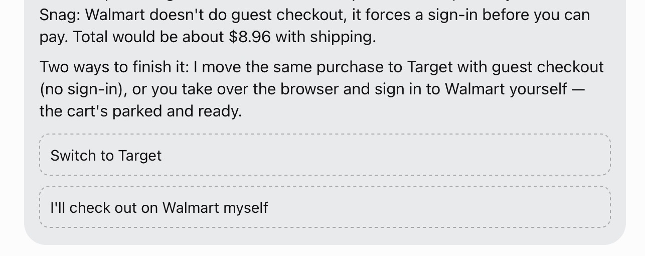 Muse flagging that Walmart requires sign-in for checkout and offering to switch to Target's guest checkout instead