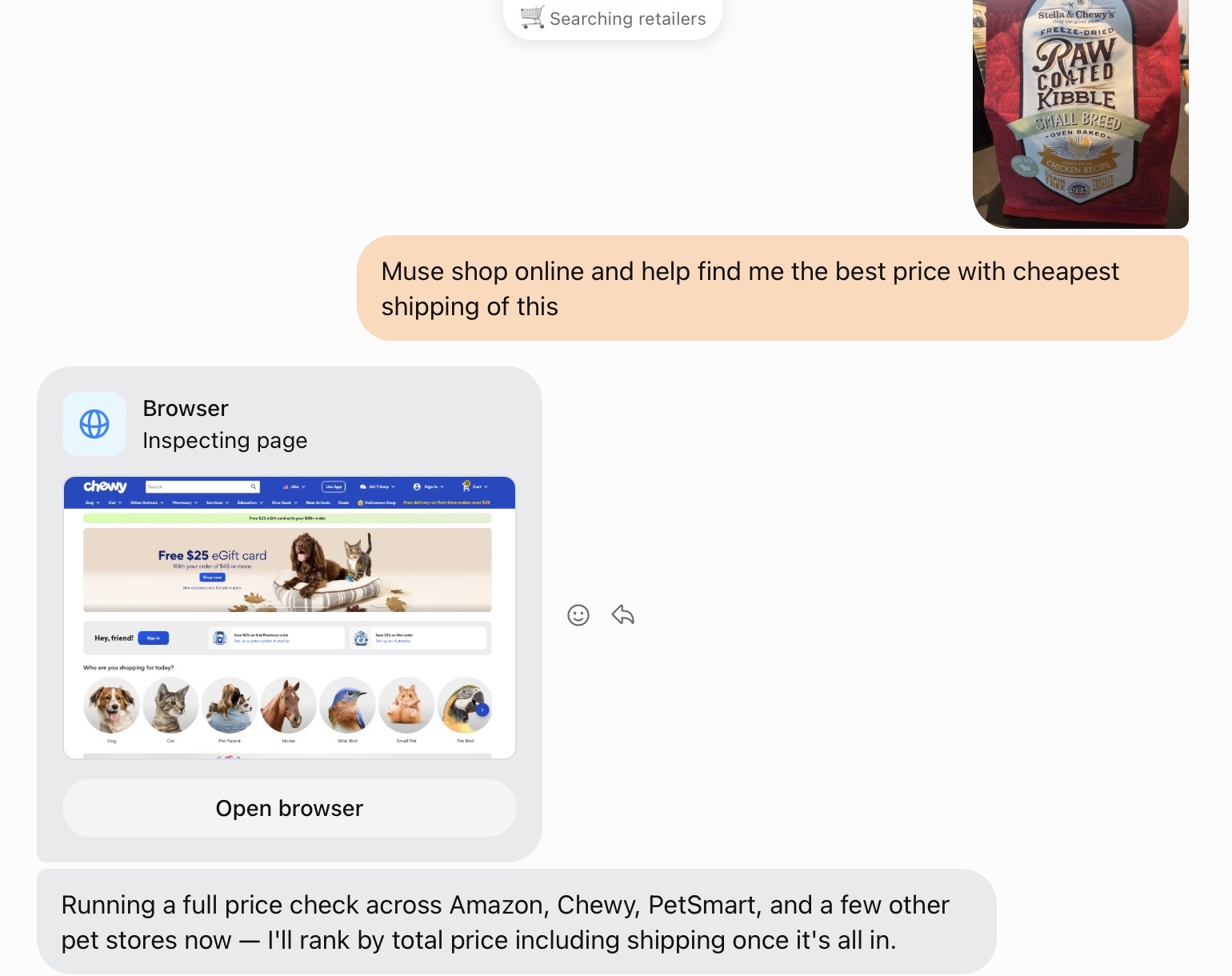 Muse chat interface showing the agent searching multiple pet retailers for the cheapest dog food price with shipping