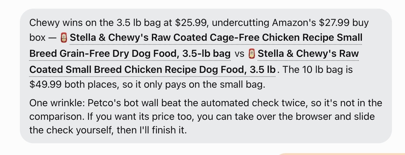 Muse's price comparison results for dog food across Chewy and Amazon, noting Petco's bot protection blocked the automated check