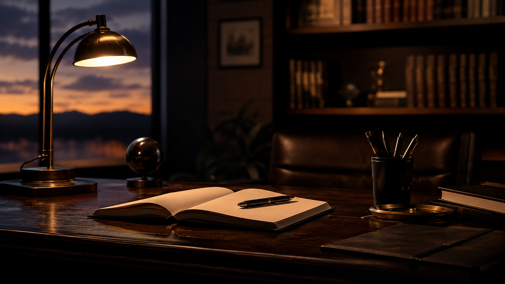 A quiet workspace at dusk. Open notebook. Pen resting on the page. Warm desk lamp. Soft shadows. Dark background. Minimal distractions. Atmosphere of deep thinking and meaningful work.