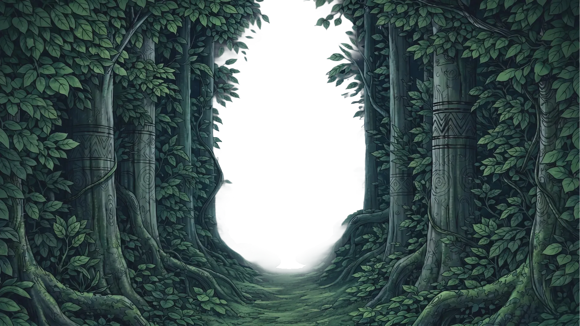 Illustration of a dark mystical forest path flanked by ancient carved trees and dense foliage.