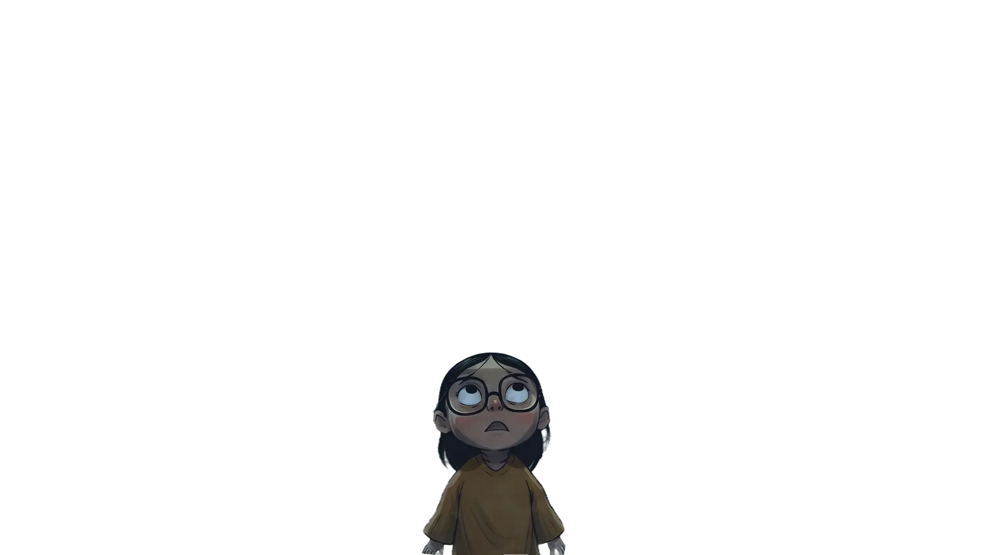 Cartoon girl with glasses and brown shirt looking upward with a curious expression on black background.