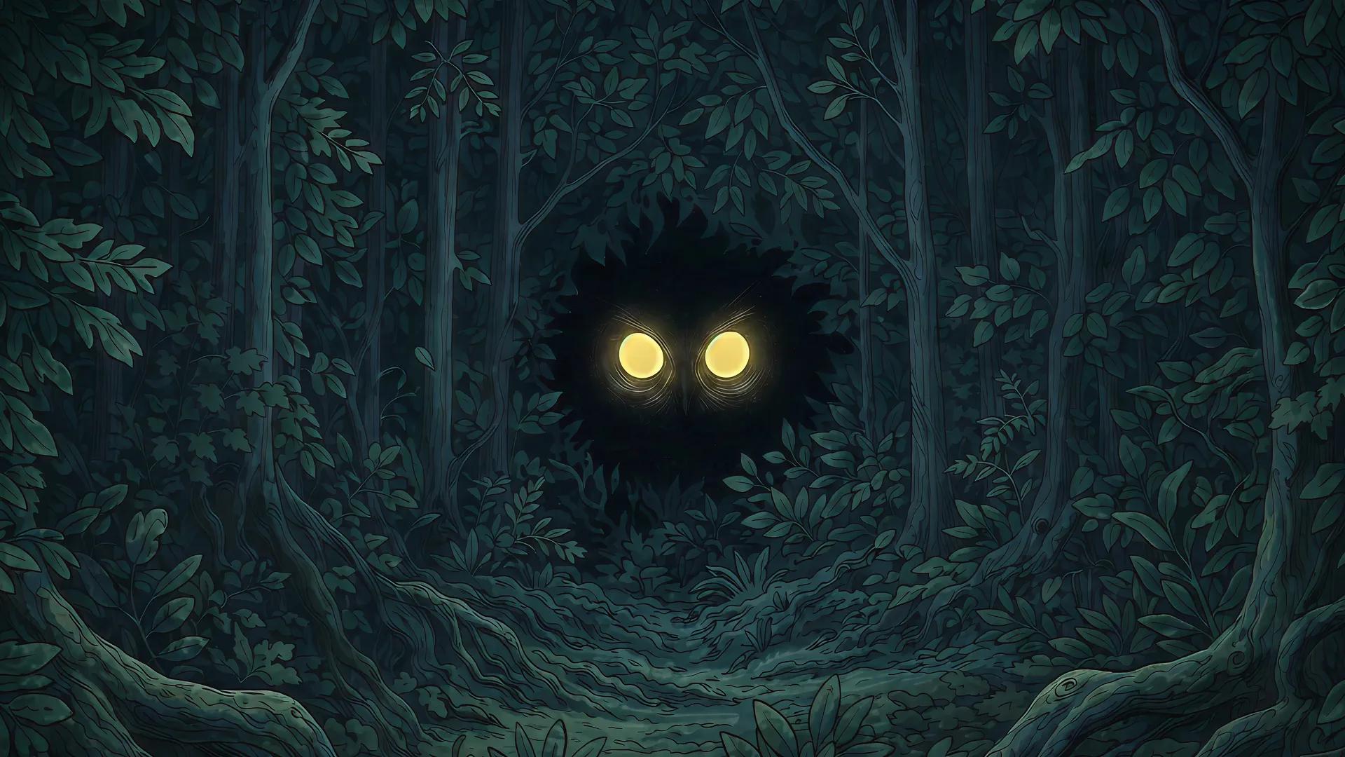 Dark forest with dense trees and glowing yellow eyes peering from a shadowy hollow.