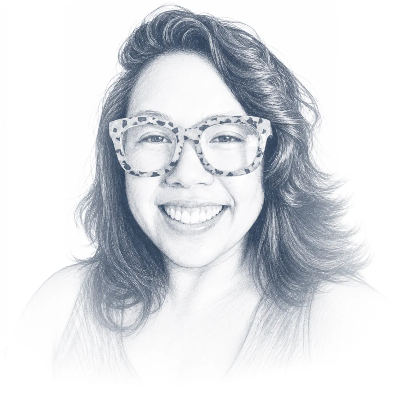 Pencil-sketch portrait of Anh Tran smiling, wearing patterned glasses.