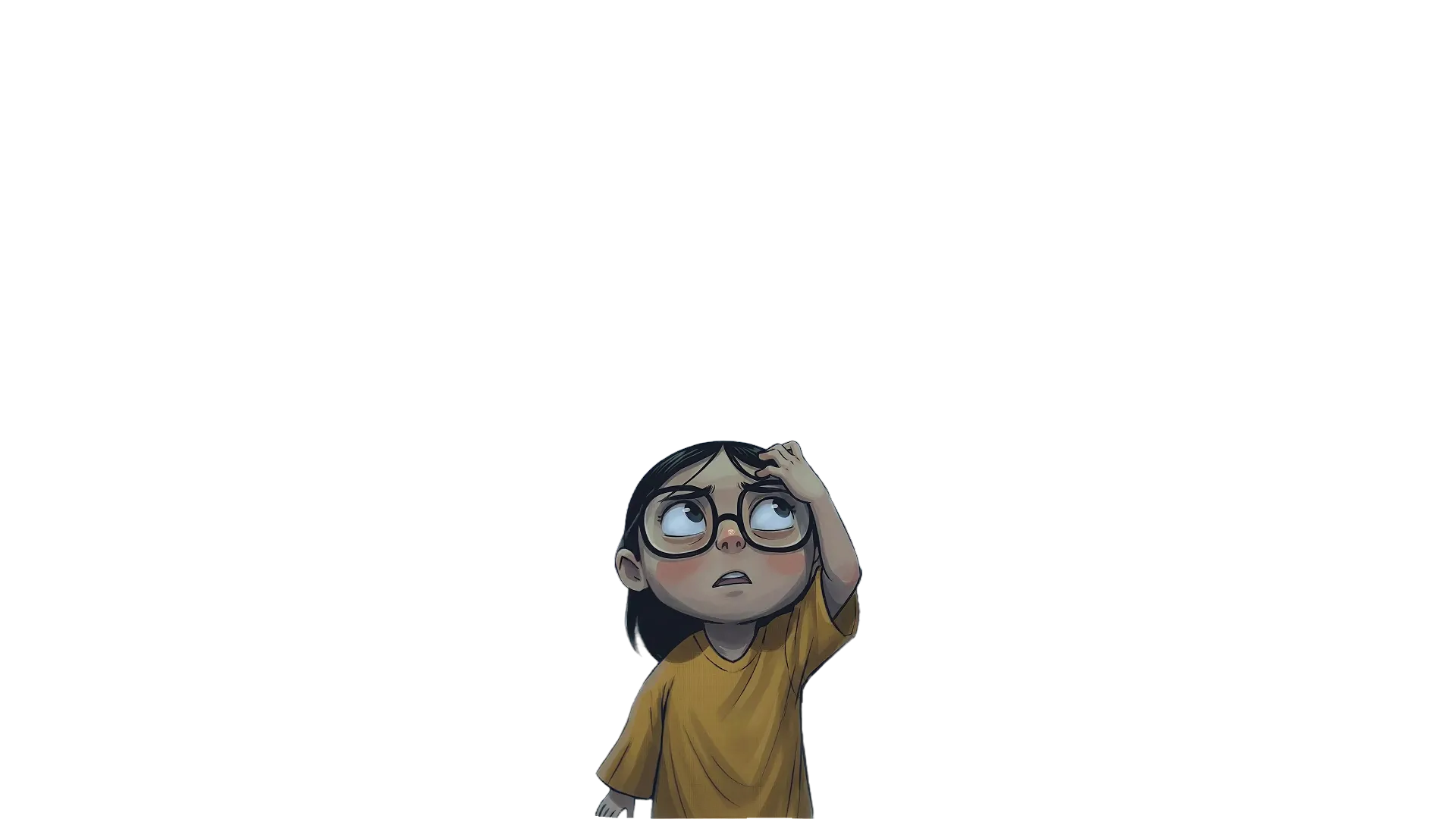 Illustration of a thoughtful girl with glasses and dark hair wearing a yellow shirt looking upward.