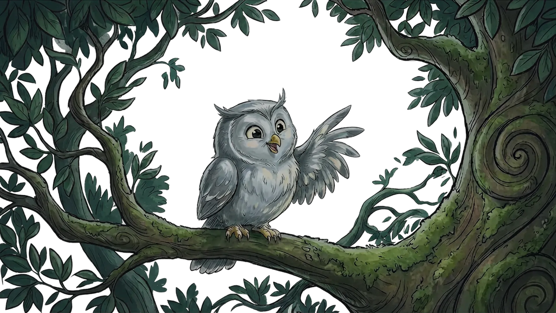 Cartoon gray owl perched on a mossy tree branch with one wing raised amid green leaves.