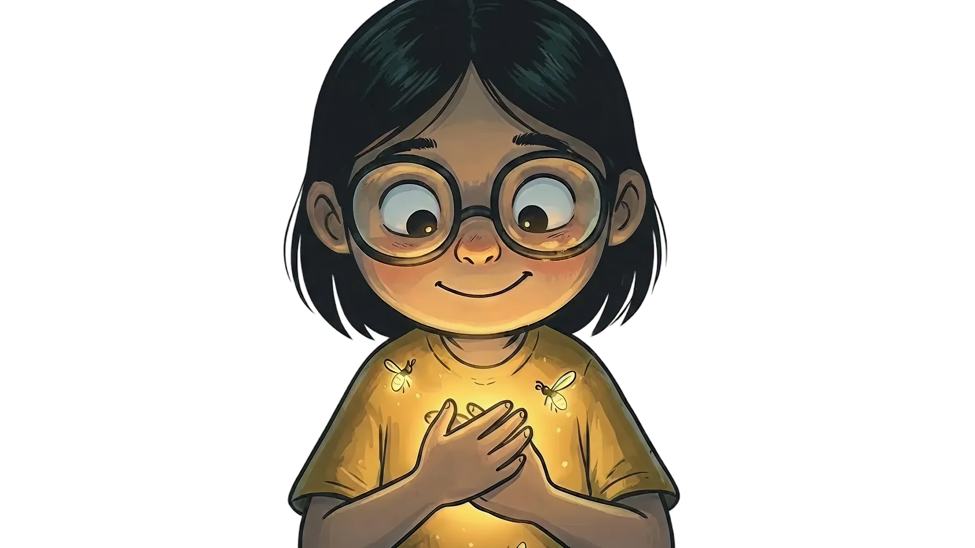 Girl with glasses smiling as she holds glowing fireflies in her hands and on her yellow shirt.