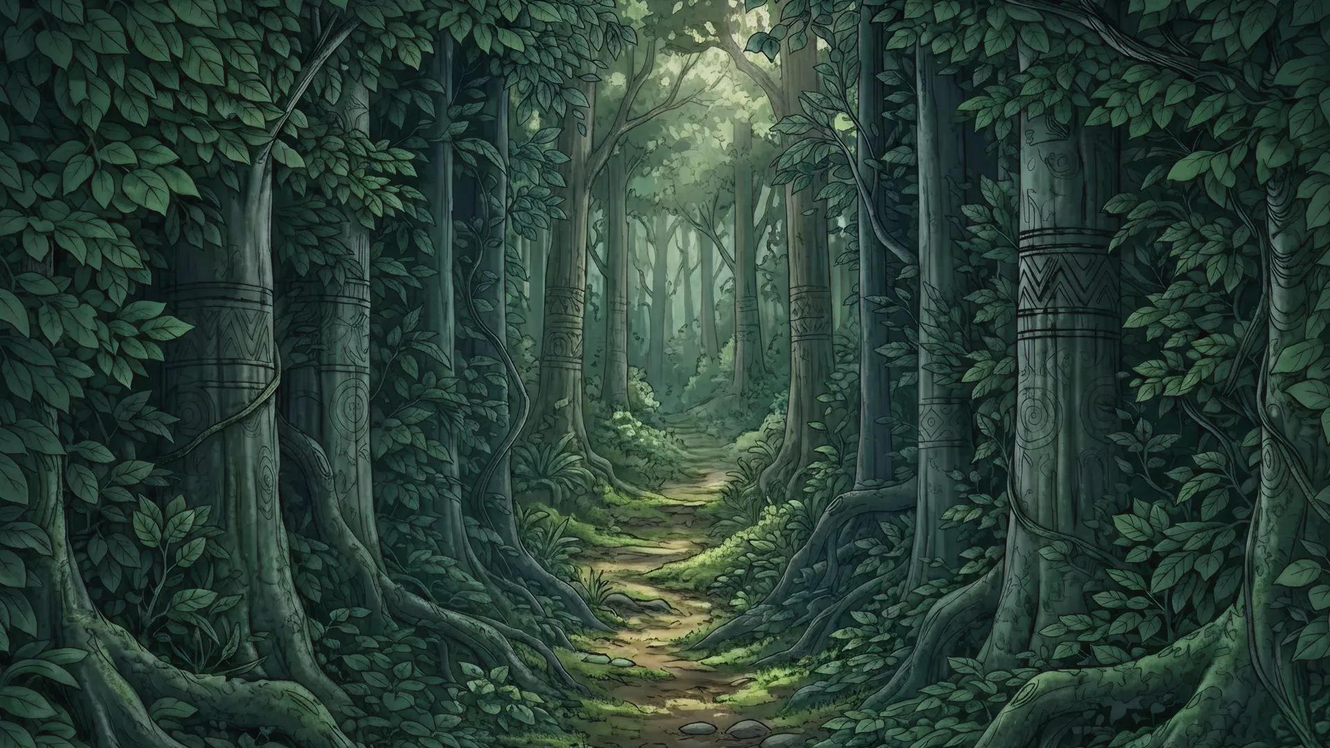 Mystical forest path surrounded by tall trees with carvings, dense leaves, and scattered sunlight.