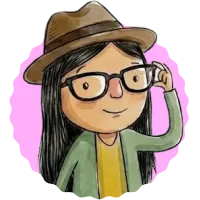 Cartoon of a person with long black hair, glasses, a brown hat, green jacket, and yellow shirt.