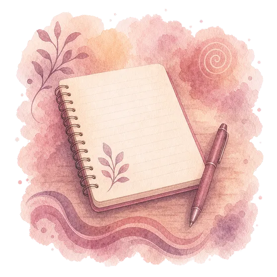 Watercolor illustration of an open spiral notebook and a pen resting on a soft pink background.