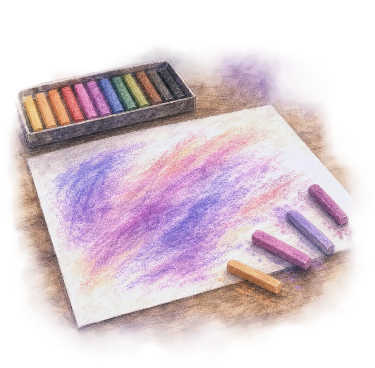 Watercolor illustration of a box of soft pastels beside a sheet of paper covered in blended purple, pink and orange strokes.