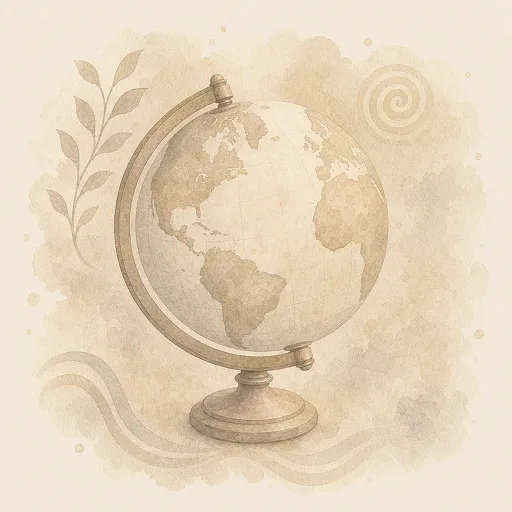 Watercolor illustration of a desk globe in soft beige tones, framed by a leafy branch and flowing lines.
