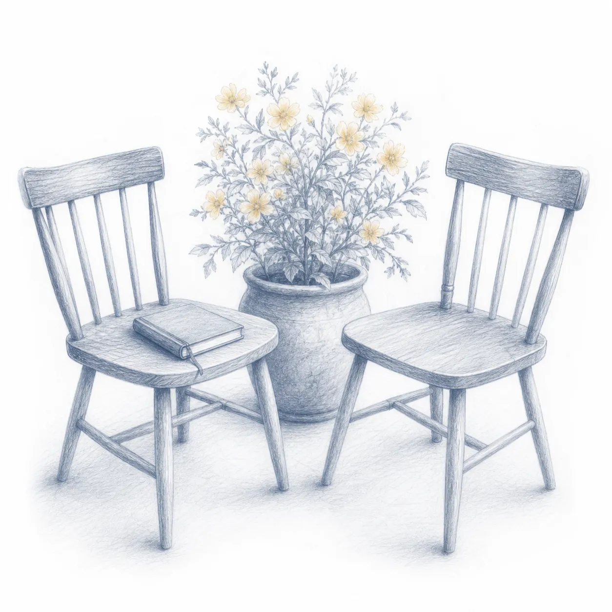 Pencil sketch of two empty wooden chairs facing each other, a notebook resting on one seat, and a potted plant with yellow flowers behind them.