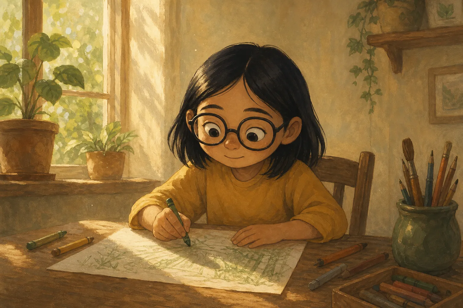 Illustration of a young girl drawing at a wooden table in a sunlit room.