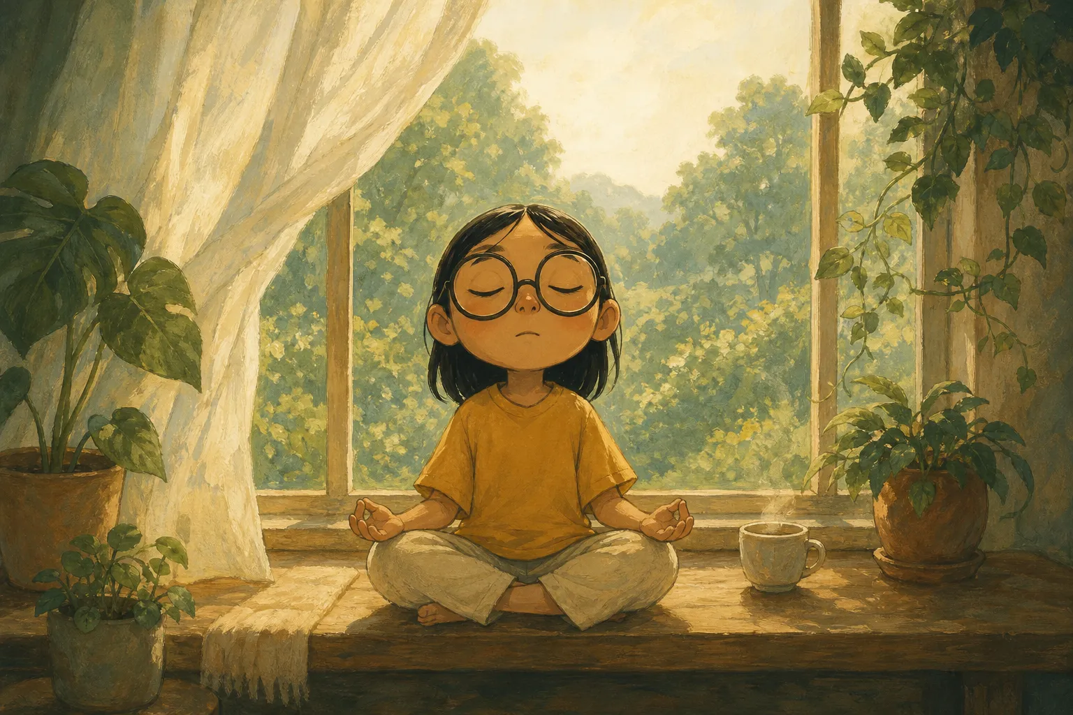 Illustration of a young girl sitting cross-legged on a window bench with her eyes closed.