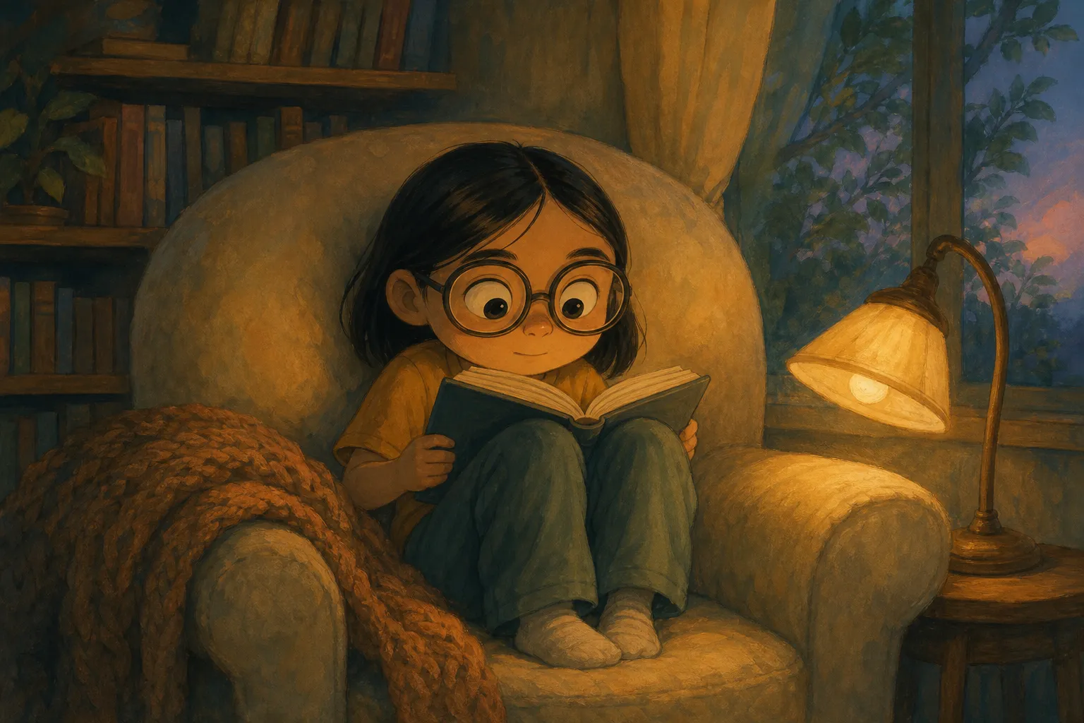 Illustration of a young girl curled up in an armchair reading a book.