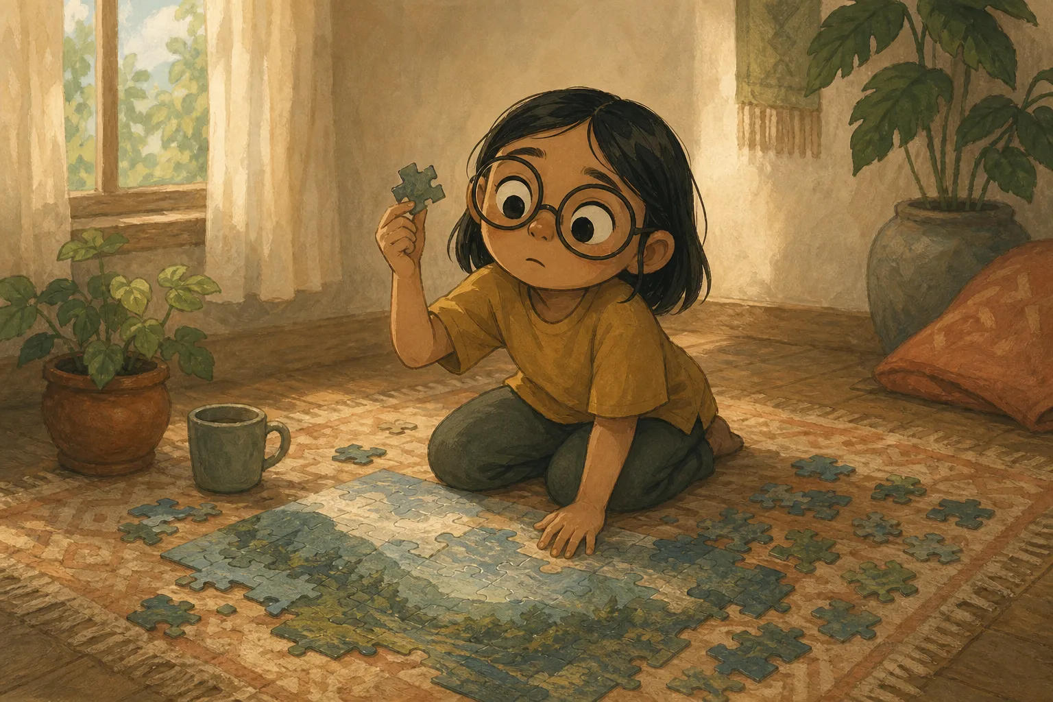Illustration of a young girl kneeling on a rug, holding up a jigsaw puzzle piece.