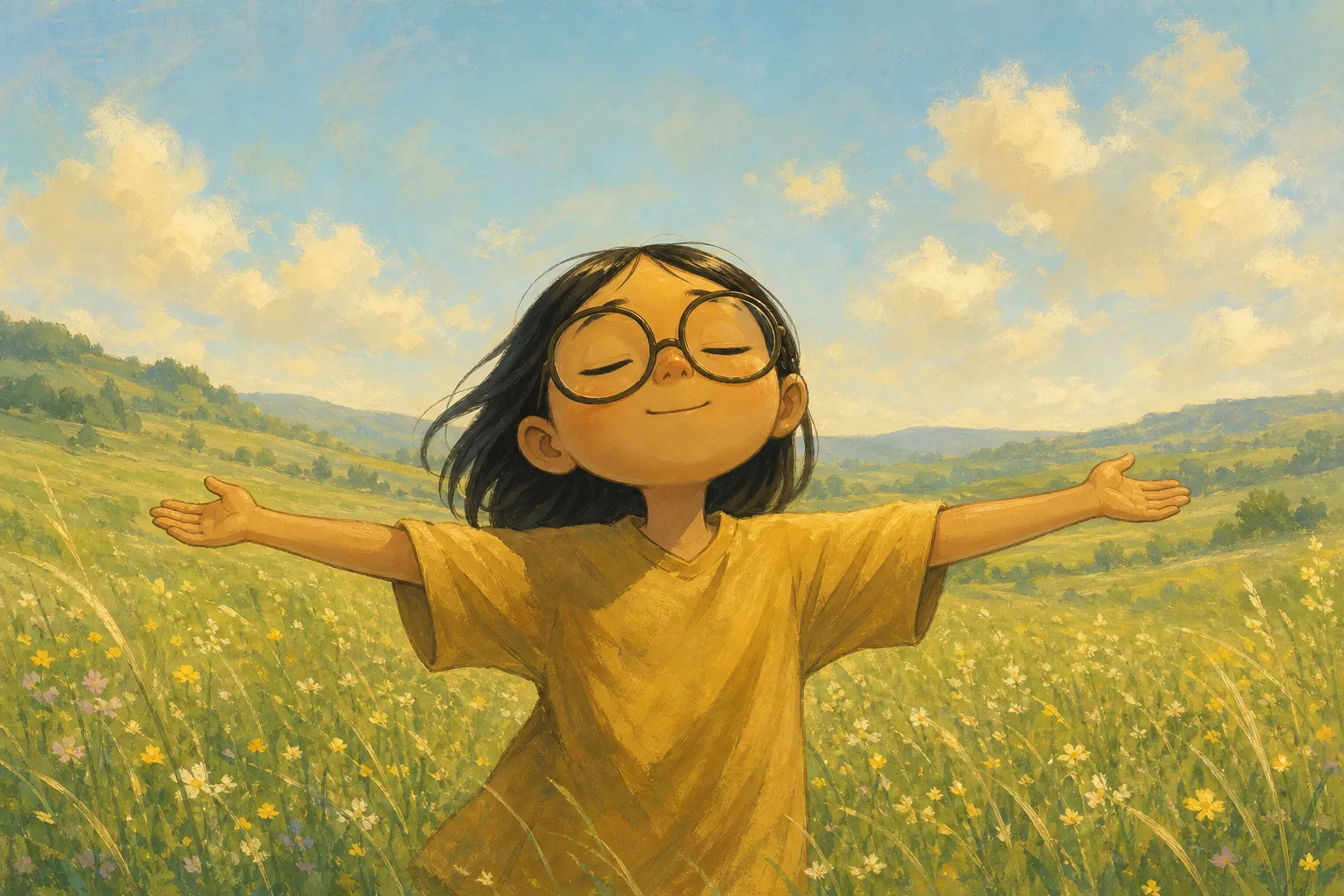 Illustration of a young girl standing in a meadow with both arms open wide.
