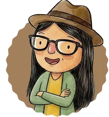 Cartoon woman with long black hair, glasses, and a brown hat, wearing a green jacket and yellow shirt, smiling with arms crossed.