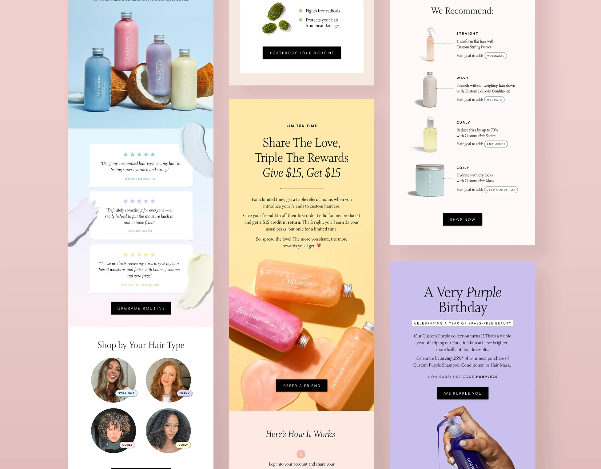 Function of Beauty email campaign designs featuring referral, hair type, and product promotion emails