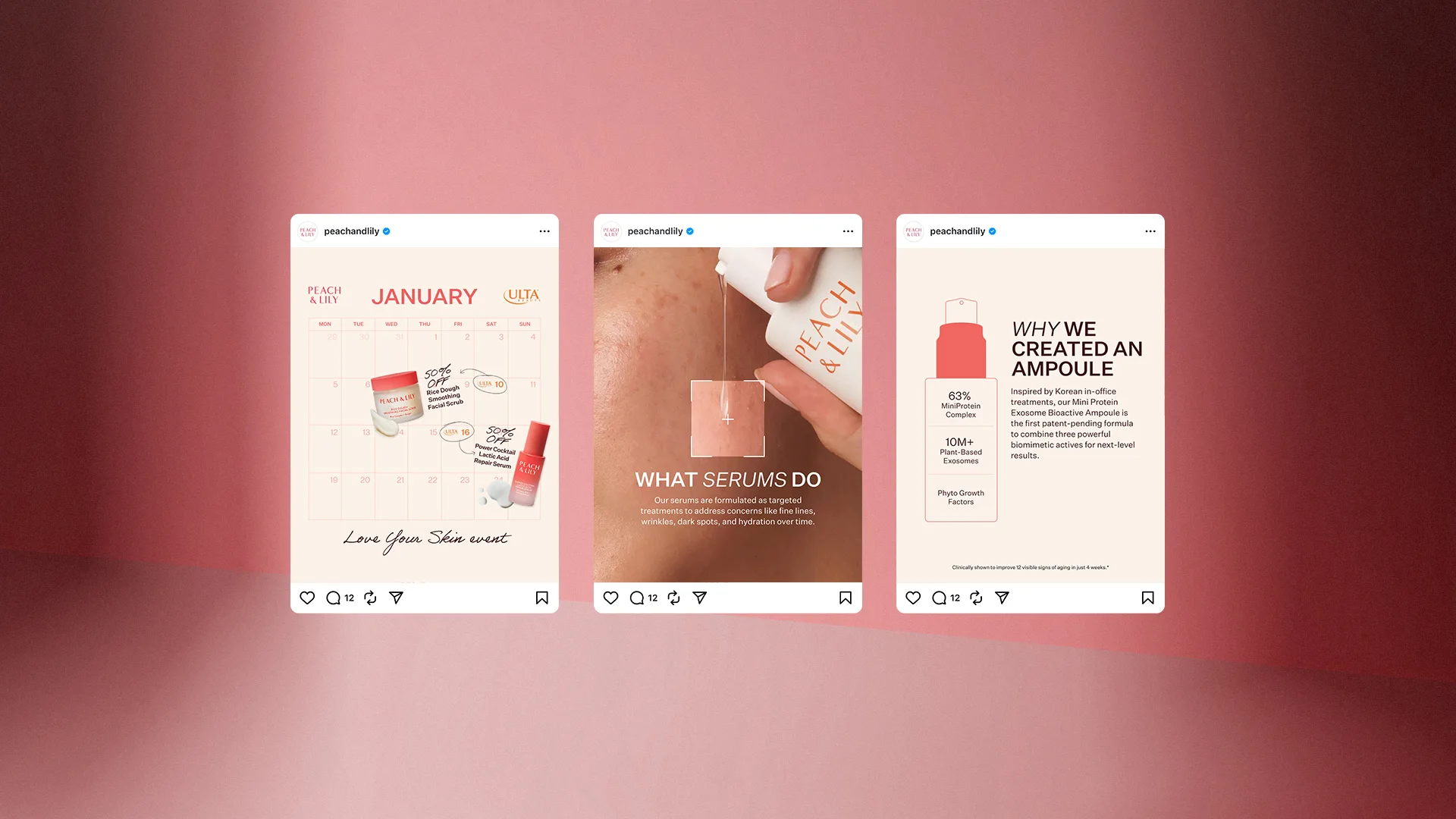 Three Instagram post mockups showcasing Peach & Lily's social media content — a January campaign, a serum educational post, and a product launch announcement.