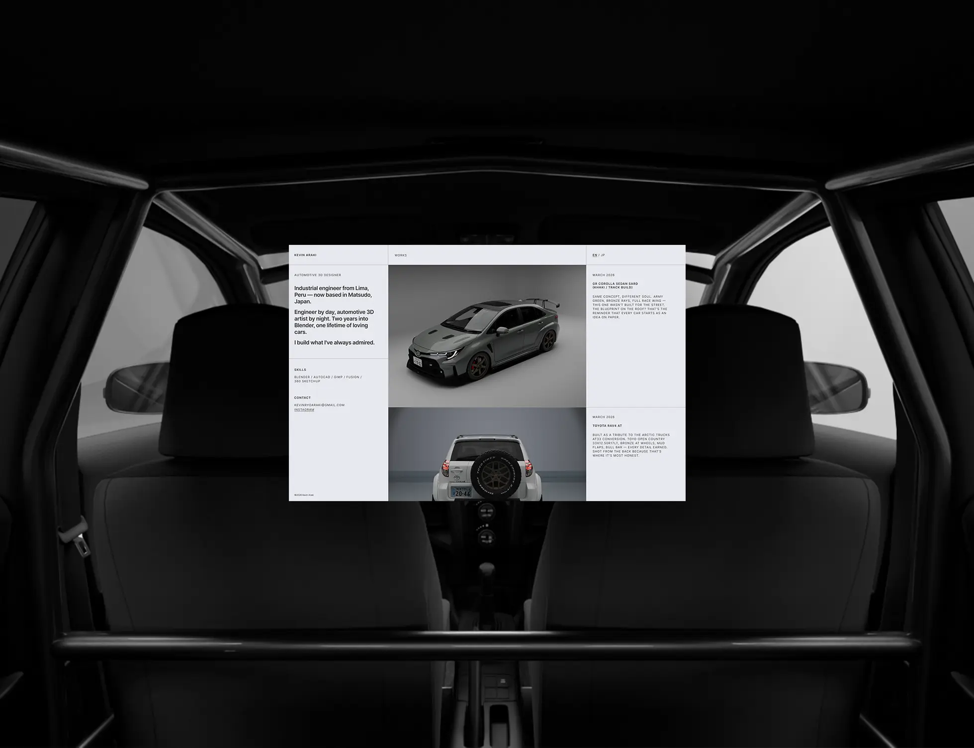 A luxury car interior shot focusing on the rear seats and headrests, with a screen displaying Kevin's automotive 3D portfolio.