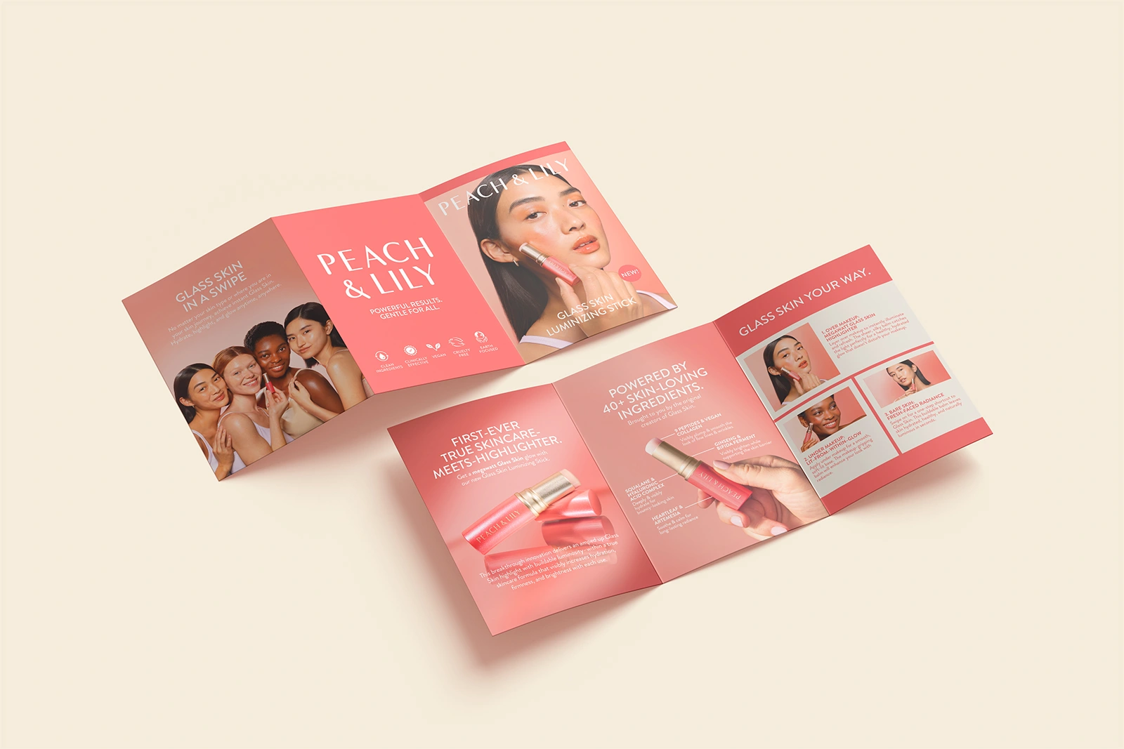 Print trifold brochure for the Glass Skin Luminizing Stick, featuring campaign photography, product ingredients, and skincare-meets-highlighter messaging.