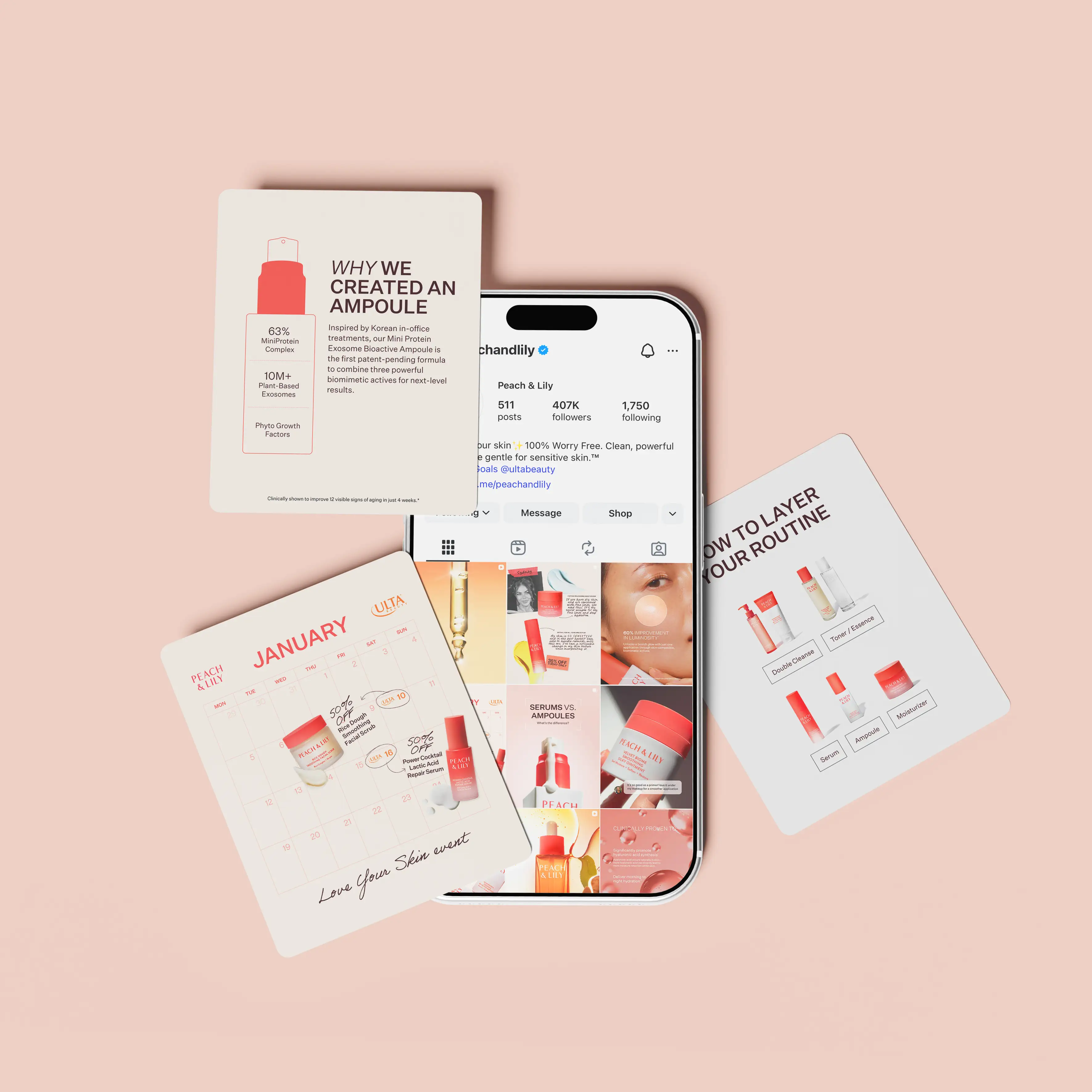  Mobile mockup displaying Peach & Lily's branded social media assets including Instagram posts, stories, and print collateral laid out together.