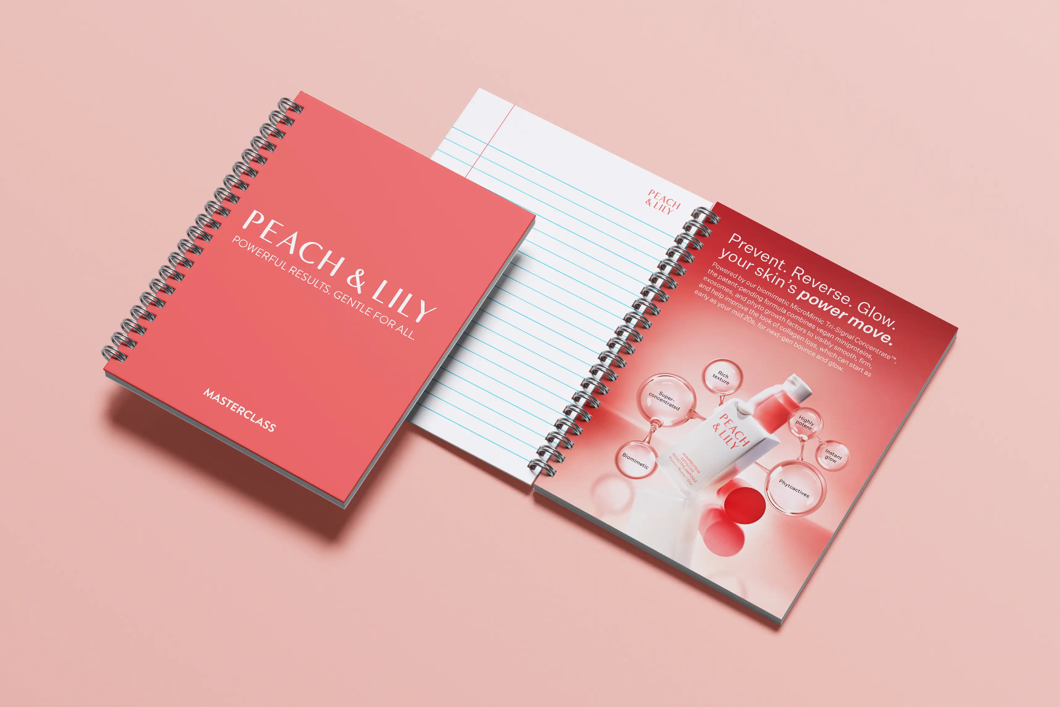 Branded spiral notebook mockup featuring the Peach & Lily Masterclass event design with coral and cream color palette.