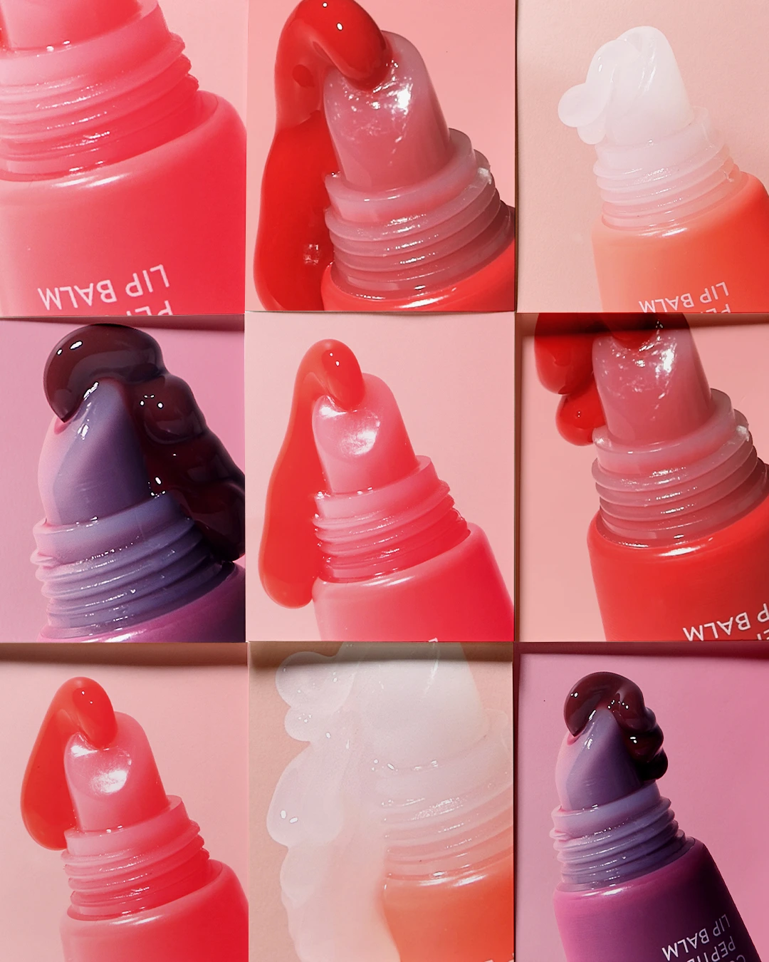 Close-up product photography grid of Peach & Lily lip balm textures in pink, red, and purple tones with branded packaging.