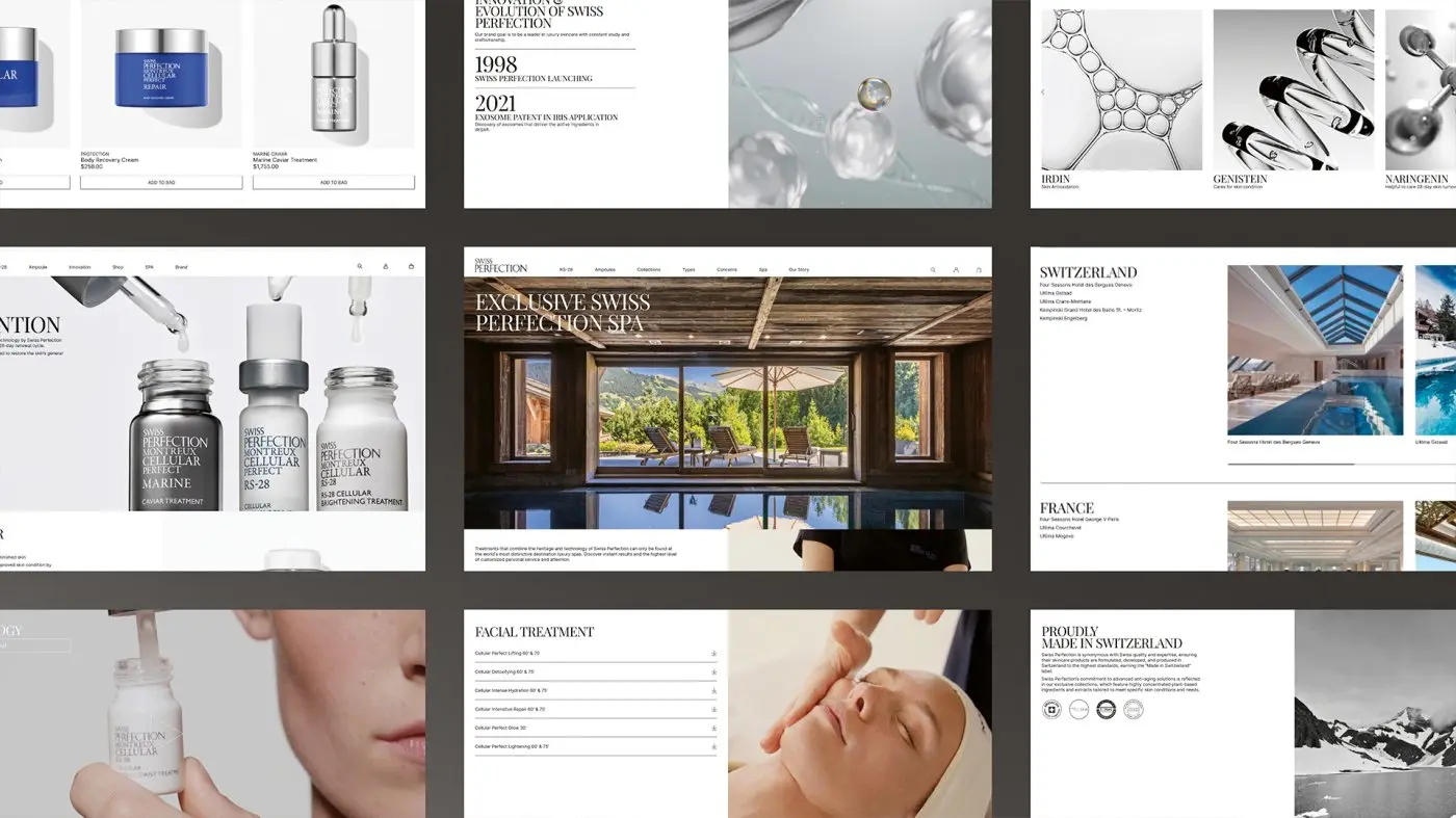Swiss Perfection e-commerce website screenshots showcasing products, ingredients, spa locations, and brand story sections.