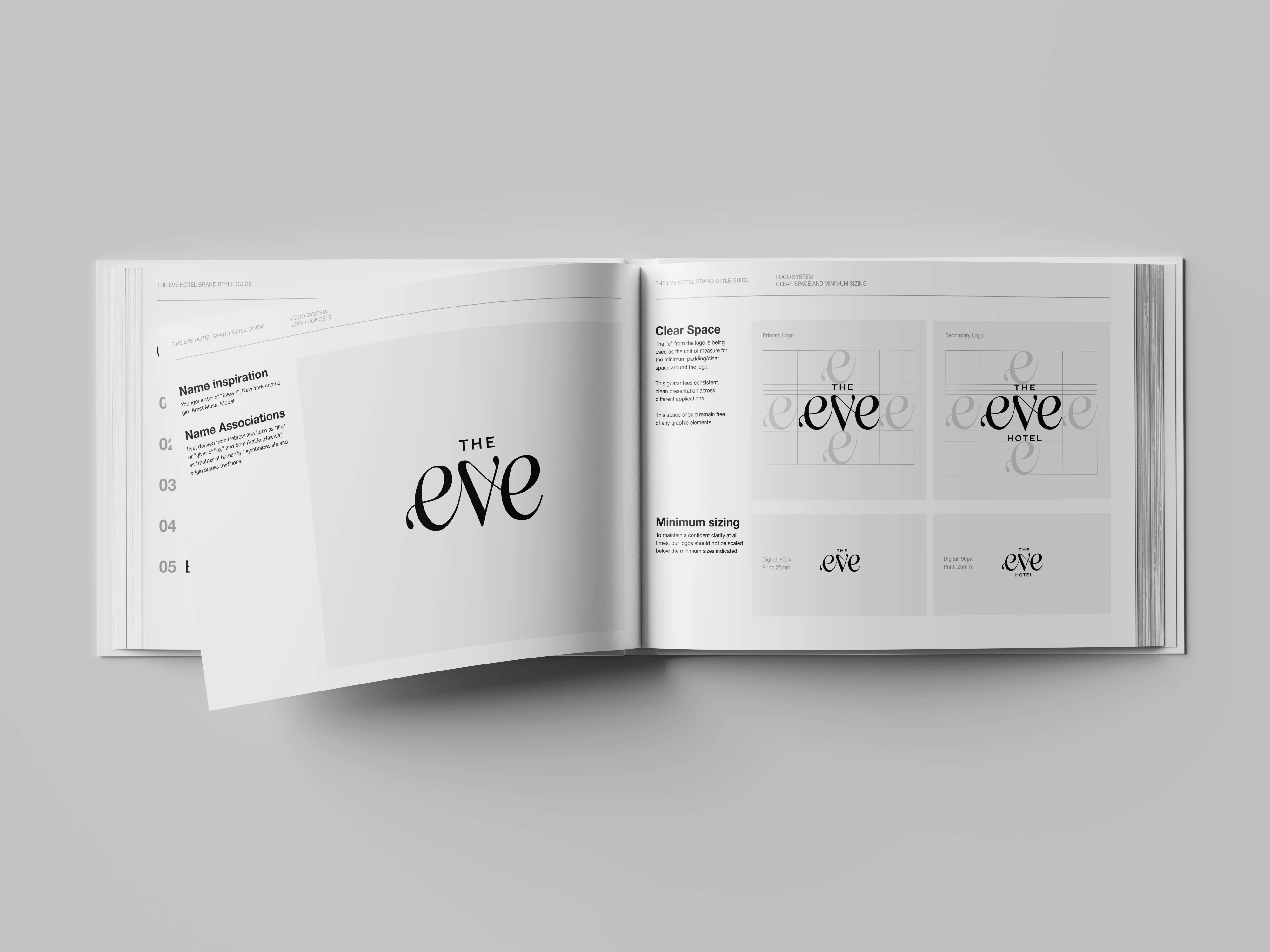 Open landscape book mockup displaying The Eve Hotel's brand style guide, showing the logo concept page with name inspiration and the logo system page detailing clear space rules and minimum sizing for primary and secondary logo versions.