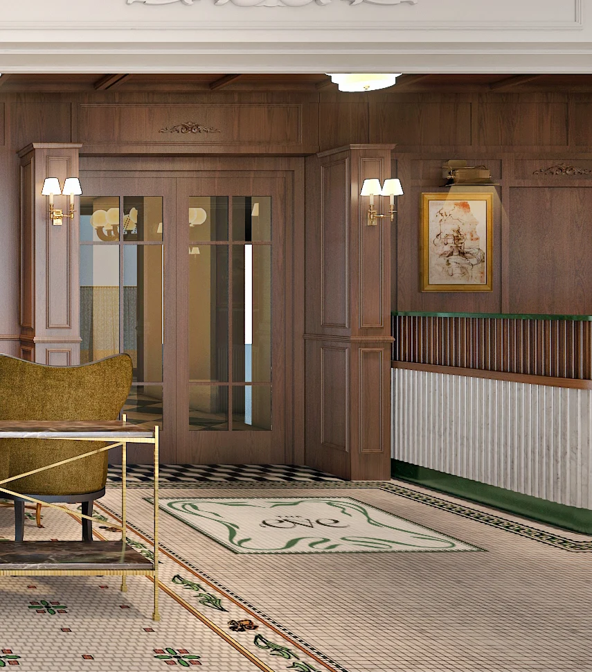 3D interior render of The Eve Hotel lobby, featuring warm wood paneling, brass wall sconces, a mustard velvet armchair, and the custom mosaic tile floor with the hotel's script logo inlaid at the entrance.
