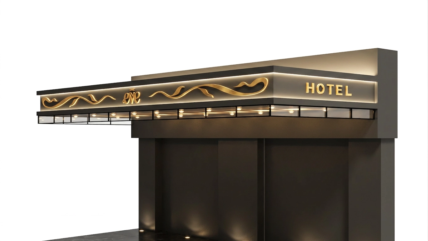 3D architectural render of The Eve Hotel's exterior facade, featuring backlit gold signage with the brand's script logo and ornamental wave motif along the building's canopy against a white background.