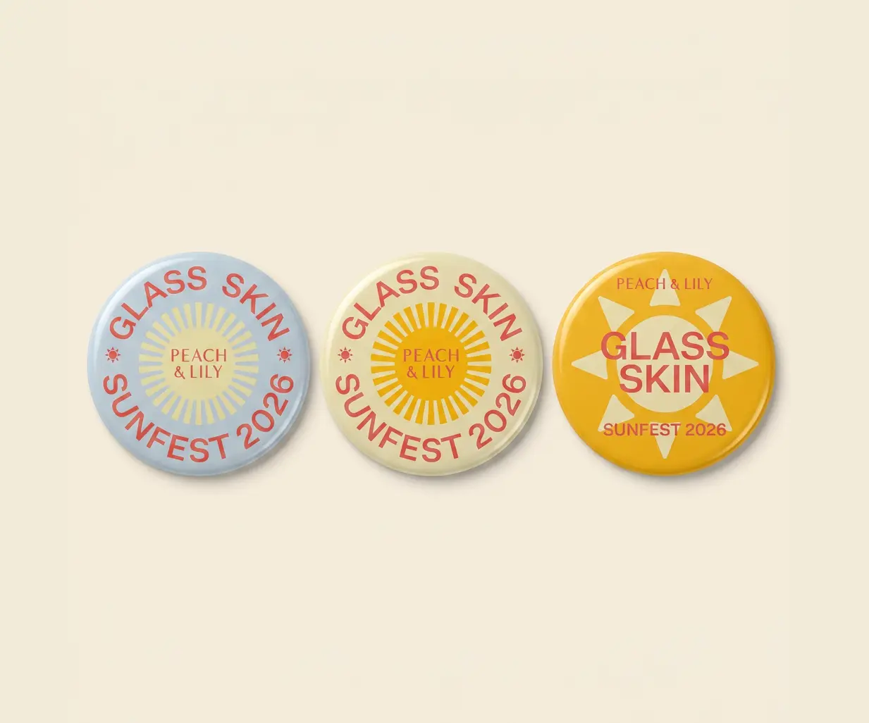 Three circular event badges designed for the Glass Skin Sunfest 2026 campaign in coral, yellow, and white colorways.