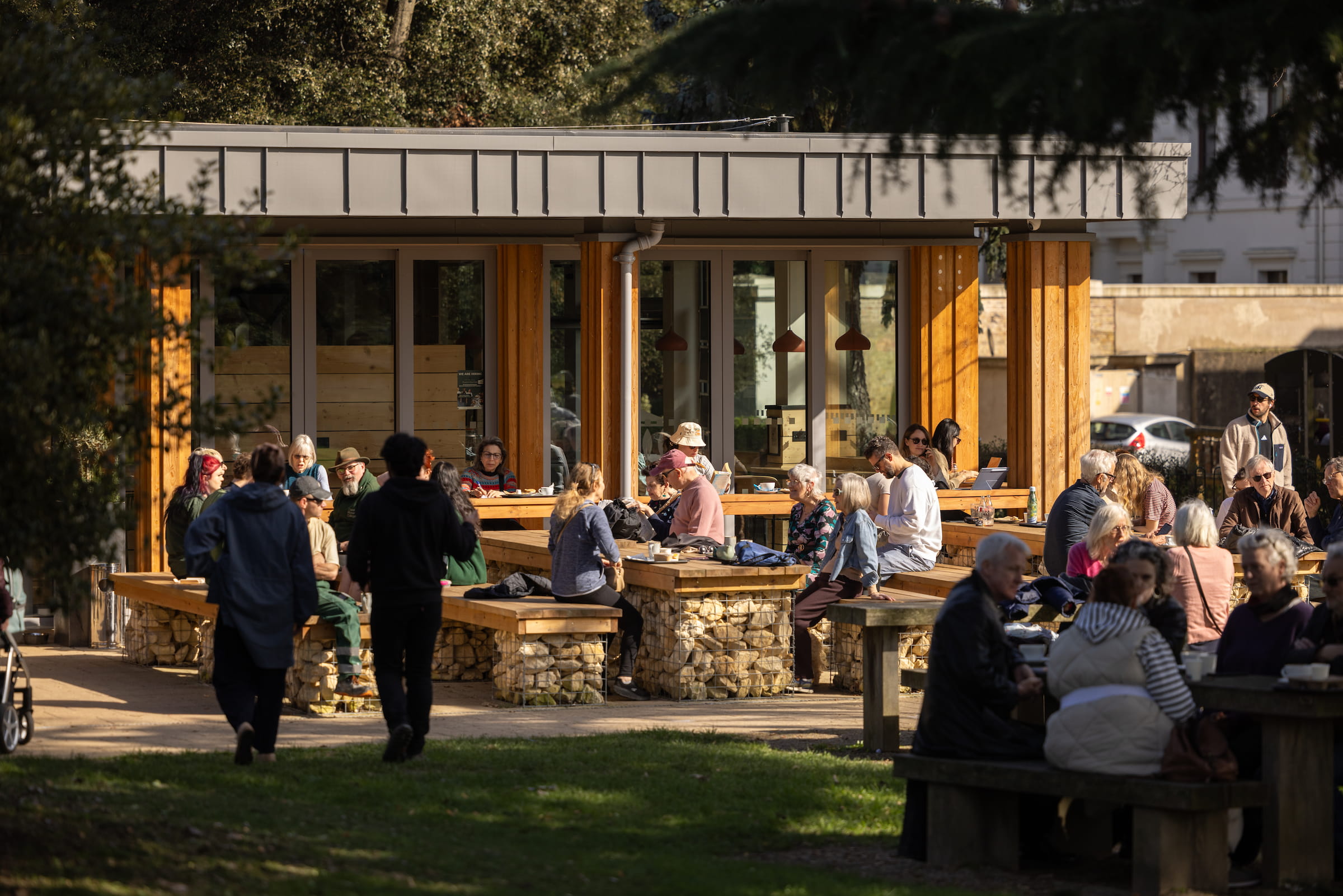 Modern timber and glass café pavilion in an Acton park, with people sitting at outdoor benches enjoying coffee in the sunshine