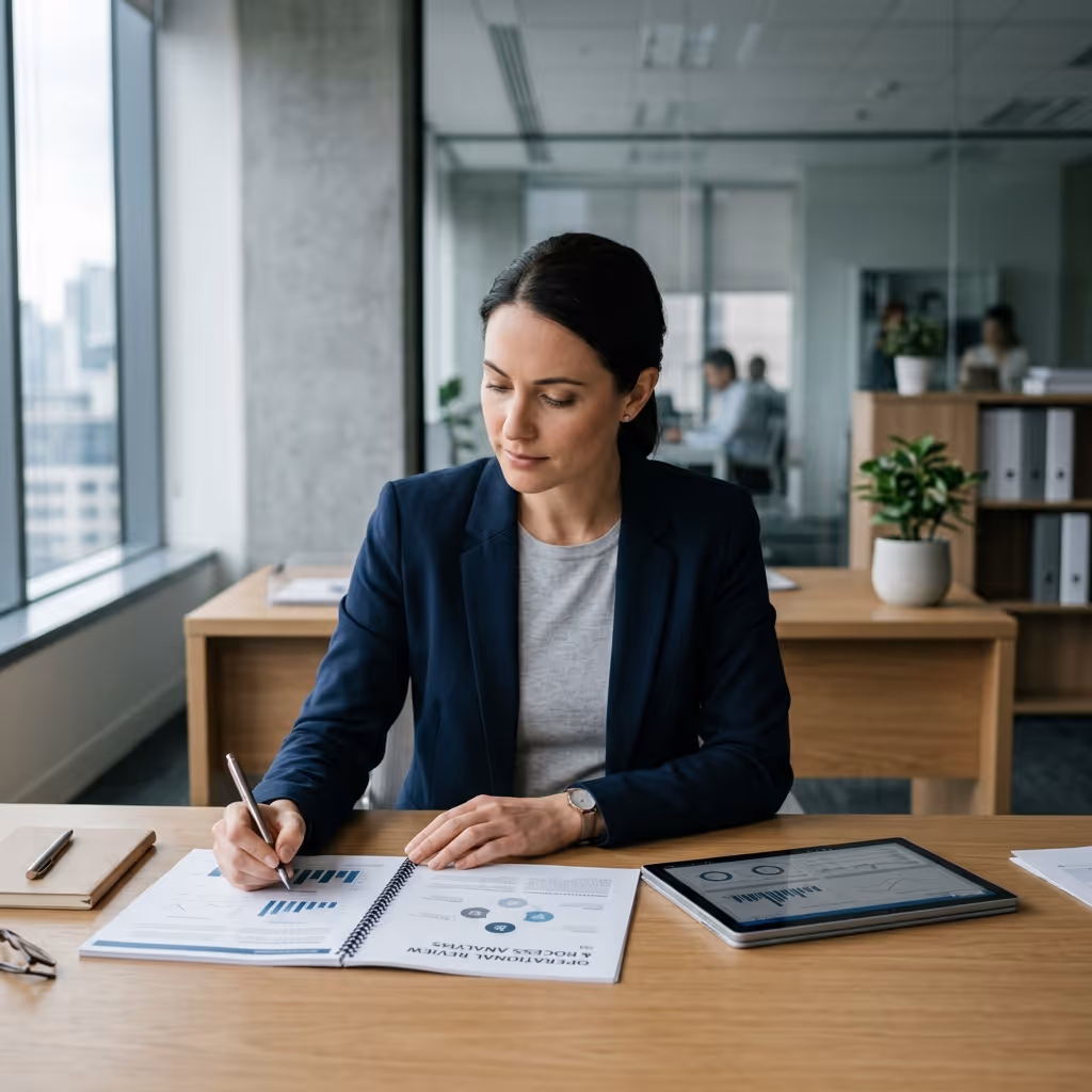 Professional reviewing documents