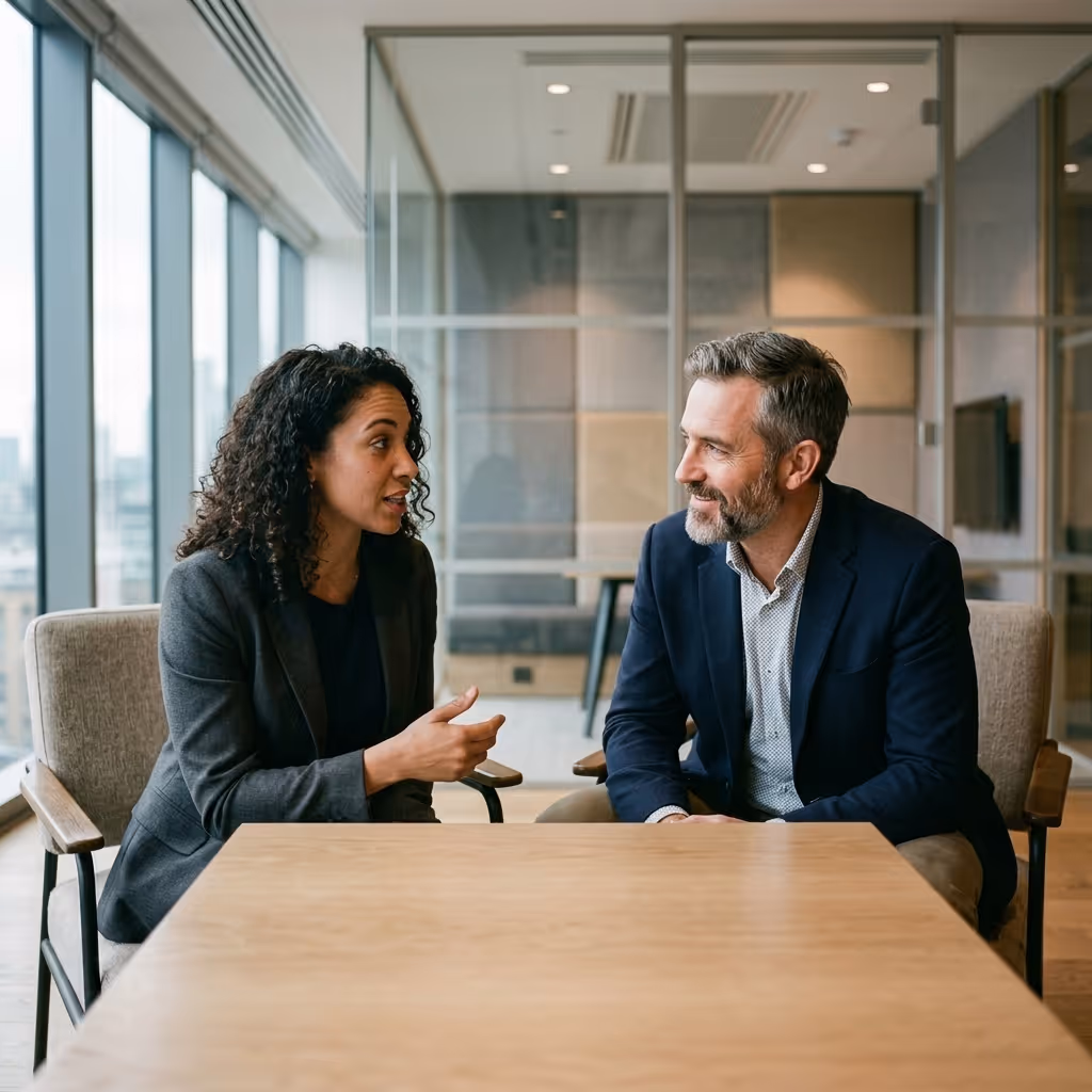 A woman and a man in business attire having a conversation at a wooden table in an office.