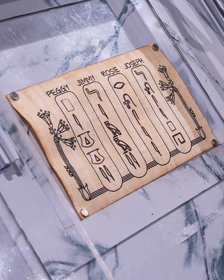 Papyrus plaque with hieroglyphic carvings labelled Peggy, Jimmy, Rosie, and Joseph.