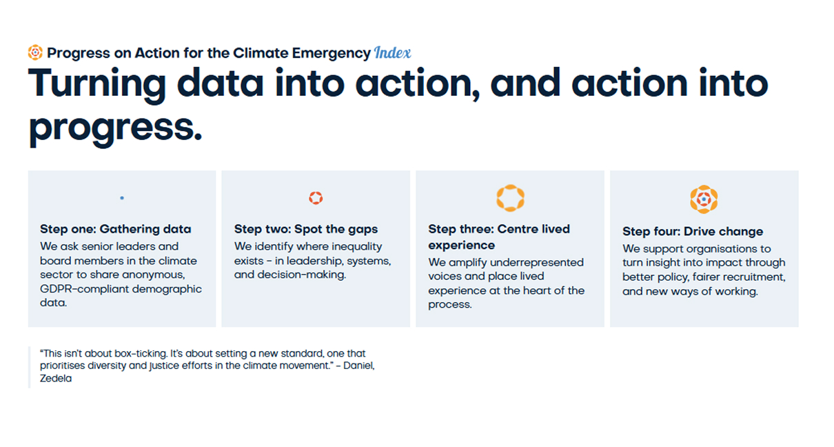 A white page section topped with the hexagonal orange logo and wordmark "Progress on Action for the Climate Emergency Index." Bold navy headline reads "Turning data into action, and action into progress." Below, four pale-blue step cards each headed by a progressively filling hexagonal icon: "Step one: Gathering data — We ask senior leaders and board members in the climate sector to share anonymous, GDPR-compliant demographic data." "Step two: Spot the gaps — We identify where inequality exists – in leadership, systems, and decision-making." "Step three: Centre lived experience — We amplify underrepresented voices and place lived experience at the heart of the process." "Step four: Drive change — We support organisations to turn insight into impact through better policy, fairer recruitment, and new ways of working." A pull-quote below reads: "This isn't about box-ticking. It's about setting a new standard, one that prioritises diversity and justice efforts in the climate movement." – Daniel, Zedela.