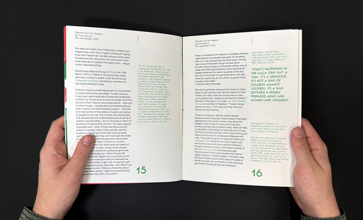 Hands hold open a printed zine against a black background, displaying pages 15 and 16.
