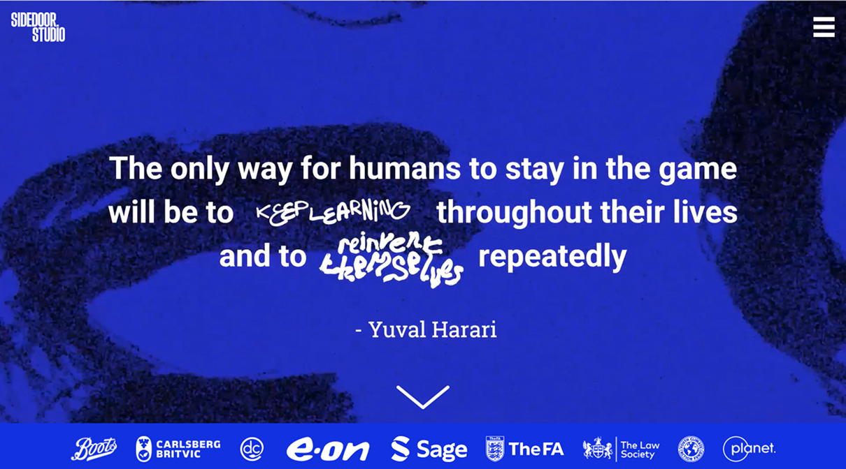 A textured royal-blue page with a centred Yuval Harari quote in white, two handwritten-style highlights, a down arrow, and a strip of client logos at the bottom.